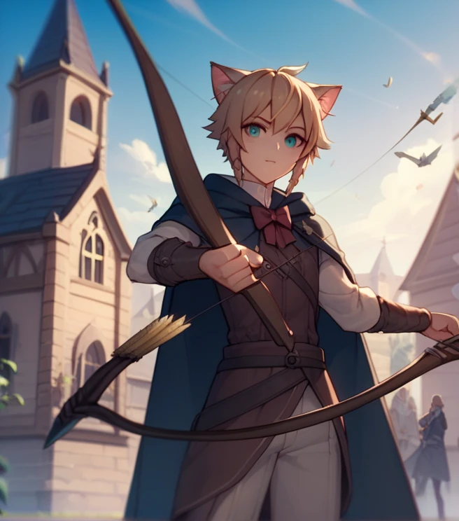   Details、 fantasy standing in a church、Beastman、Girl with cat ears on her head、Wooden Bow and Arrow、A delicate and bold composition、The charming archer, Shoot enemies with a bow,  shoot in front , Arrows fired 、Wilderness Background、 Dynamic Shot, 