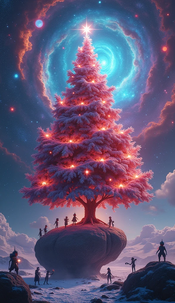 A surreal Christmas scene featuring a floating Christmas tree in the middle of a vibrant nebula. The tree is made of swirling stardust and adorned with ornaments resembling glowing planets, stars, and miniature black holes. Galactic colors of crimson red, electric blue, and magenta spiral upward from the tree, forming a cosmic spectacle. The base of the tree sits on a massive asteroid surrounded by smaller glowing celestial objects, while alien creatures and robotic elves celebrate around it. The background features a colossal galaxy wrapped in shimmering auroras like cosmic garlands, creating a festive and otherworldly atmosphere.