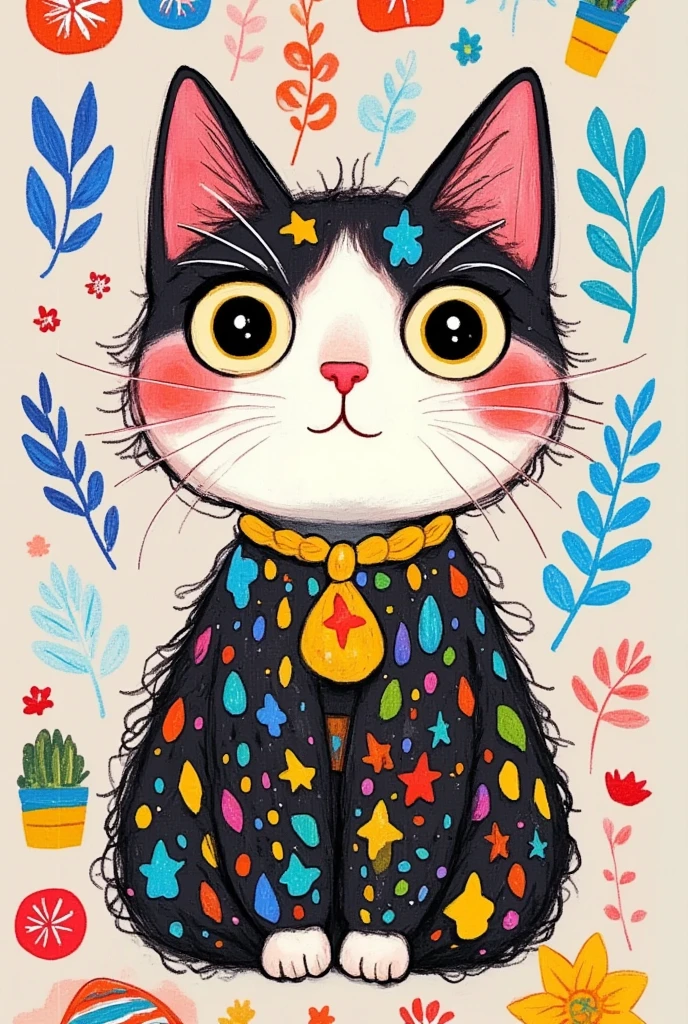 pretty illustration of cat, bright rustic palette, in the style of bold block prints, alice pattullo, Laurie hastings, claire halifax, soft, fauvist color explosions, miniature and small, paintings, stenciled iconography