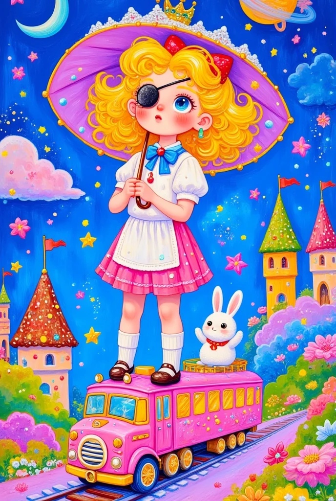 Alice in wonderland , she has very beautiful face,cupcake queen with big eyes and lashes wearing a pink dress riding on  time machine made of chocolate praline, holding an umbrella over her head, walking the path to Wonderland's castle, a small white rabbit is standing beside them, she has an eye patch, in the style of Michael Cheval, a surrealistic pop art painting