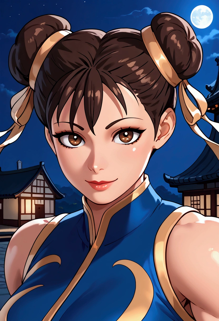 ((masterpiece,best quality)),1 girl,solo,Chun Li,upper body,beautiful night street background,smile