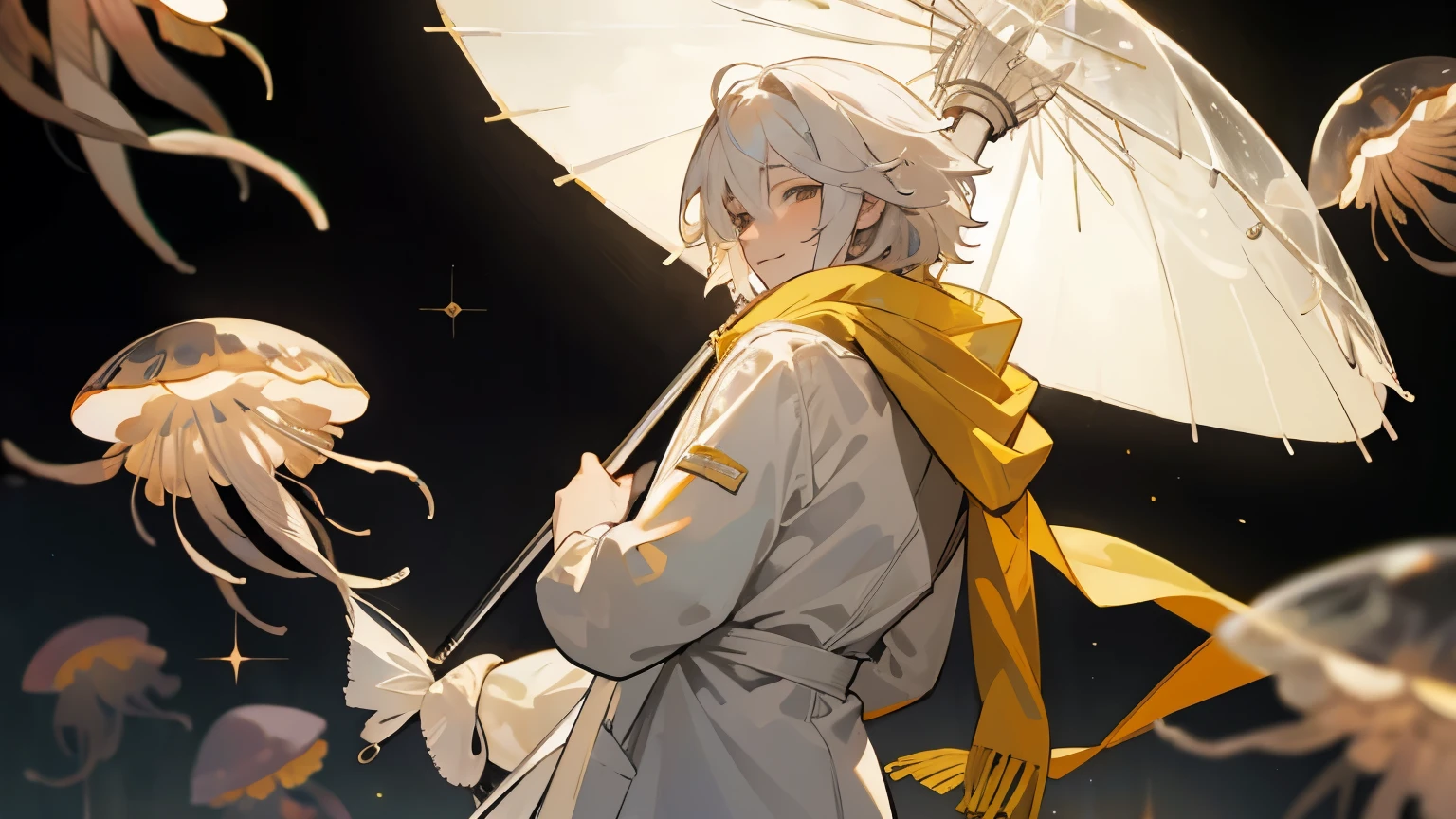 White skin, white hair, white male hair,Streaked Hair, Messy Hair, yellow bright scarf, yellow big scarf, lab coat,white lab coat, close up, holding a clear umbrella, holding a transparent umbrella, amazing pose,Anatomically Correct,  Accurate, Award Winning, Sparkle, Blurry, Illustration, , closeup, close up, white jellyfishes, white jelly fish, jell fish background, happy, calm, happy face, smiling, yellow scarf flying, scarf floating, back view, looking at viewer