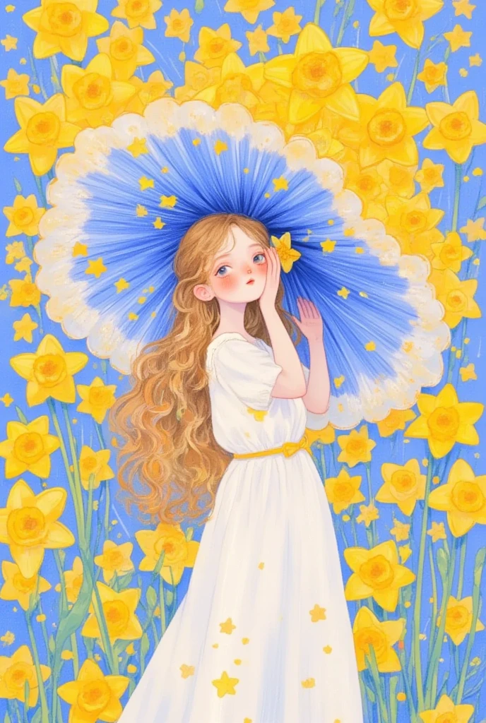 A girl with long hair in a white dress, standing among the daffodils, was kissing a large one, white and blue, fairy kei, the stars art group (xing xing), close-up, yellow and blue