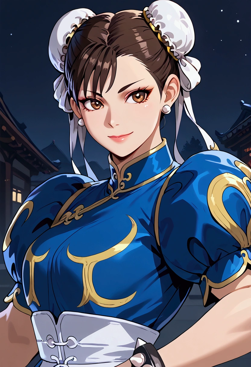 ((masterpiece,best quality)),1 girl,solo,Chun Li,upper body,beautiful night street background,smile