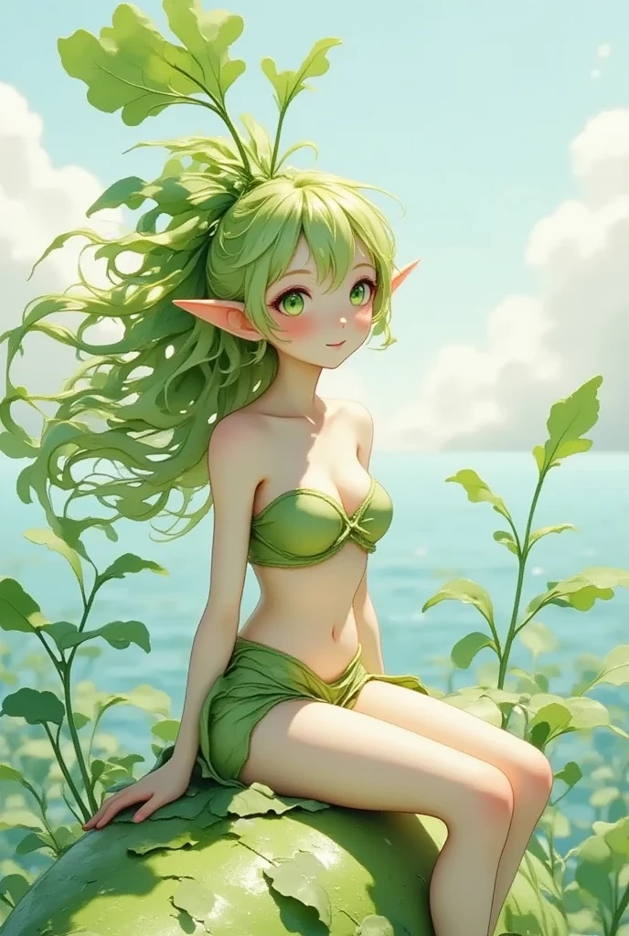 Super realistic illustration, Cinema 4D rendering, 1 daikon lady, solo, detail face, detail eyes, beautiful eyes, sitting on a long daikon raft, smile, green leaves long hair, green eyes, beautiful eyes, pointy ears, white shiny skin, breasts, Cleavage, green tube top, navel, mini skirt, bare foot, blue ocean on sunny day