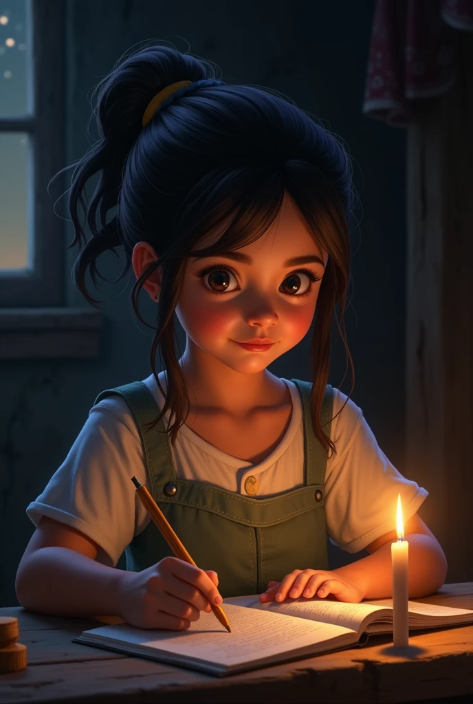 and 𝘵𝘩𝘦𝘯𝘧𝘢𝘵𝘪𝘮𝘢 𝘢 𝘷𝘪𝘭𝘭𝘢𝘨𝘦 𝘨𝘪𝘳𝘭  study late into the night under the dim light of a candle.,