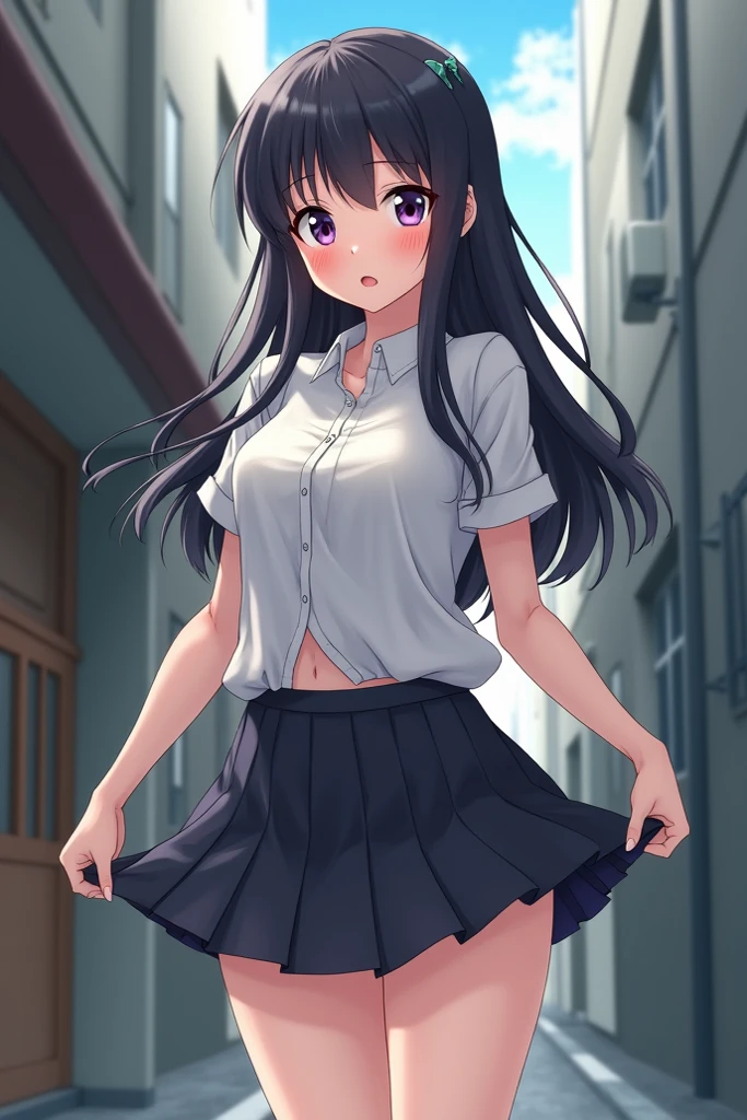 cartoon girl bending down while in some kind of skirt and shirt, 1girl, solo, long hair, bottomless, blush, all fours, black hair, open mouth, tree, looking at viewer, , shirt, day