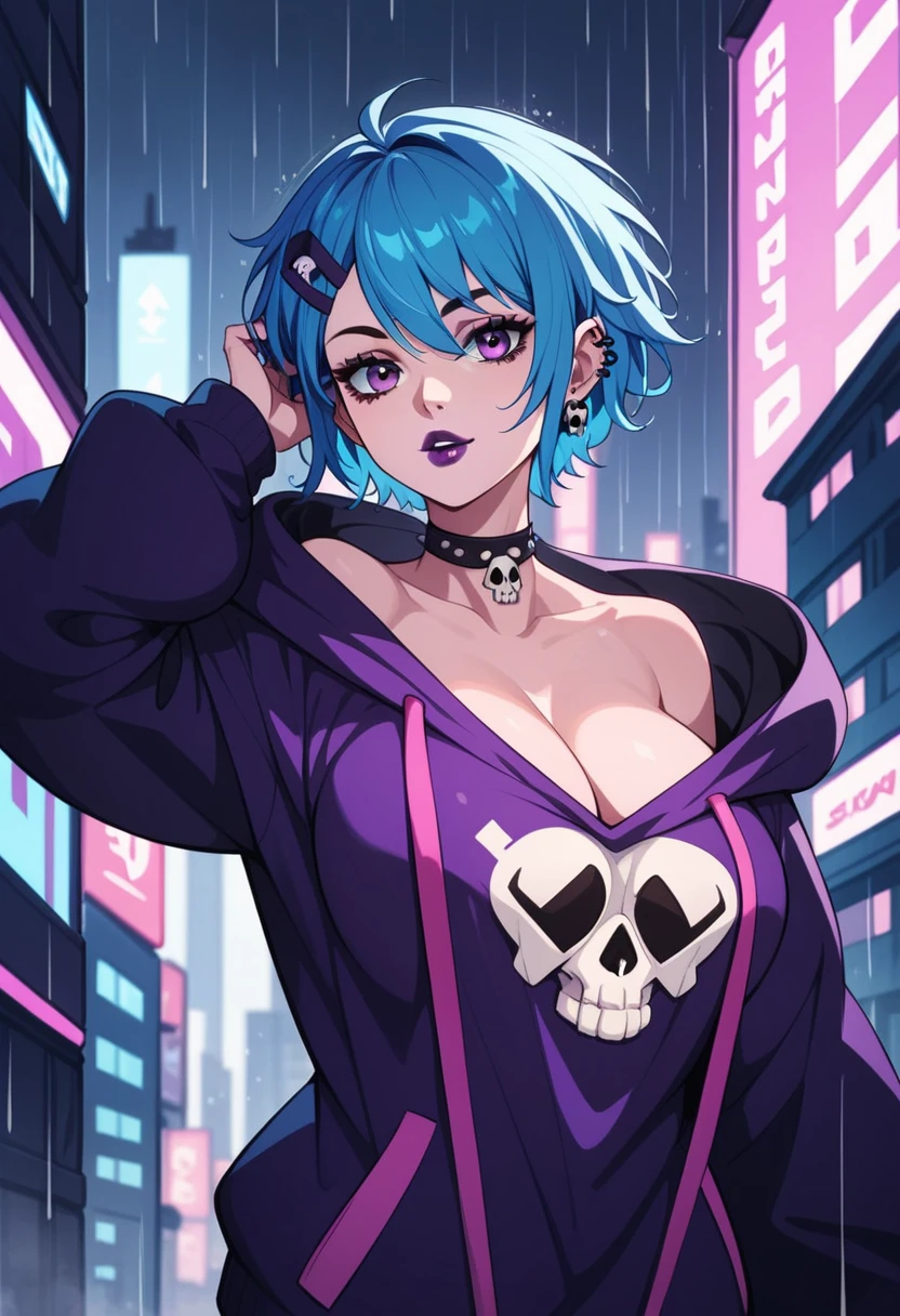 emo girl with layered blue hair and dark purple lipstick, wearing an oversized hoodie with a skull graphic, large breasts, waist-up, set against the backdrop of a rainy cityscape