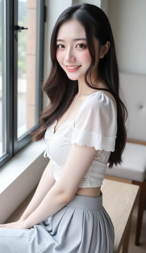 highest quality, masterpiece, ultra high resolution, (realistic:1.3), (close portrait) RAW photo, 1 girl, 22 years ago,(((White mini skirt dress))),((brown hair long hair chignon)),night,masterpiece, realistic pictures, japanese pictures, fuji negative film,Pocari Sweat Advertisement ((Medium chest)),((smile showing teeth)),black hair,