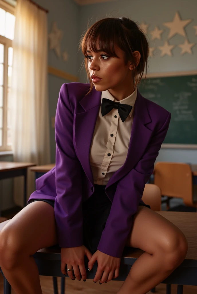 Create a hyper-realistic, high-quality live-action image featuring Jenna Ortega ((j3nnaort3ga)) in a provocative, intimate scene. Jenna is a young woman with fair skin, short tousled brown hair with bangs, and large expressive golden-brown eyes. She wears a purple blazer over a white blouse with a black bow tie, and a short black skirt that adds to her alluring appearance.

The scene captures Jenna in a moment of intense sensuality. She is straddling a man, her legs spread apart as she rides him. Her large breasts bounce naturally with her movements, and the interaction is captured from a man’s point of view, focusing on the intimate connection and the visual of her riding him. The man's face is not visible, keeping the focus solely on Jenna and her expressions of pleasure.

The background is a dimly lit classroom setting, with a window on the left side letting in soft, warm sunlight that gently illuminates the room. The walls are adorned with white stars, giving a whimsical touch to the otherwise sensual scene. The desk and chair in the background add to the authenticity of the setting, maintaining the school theme.

The lighting is soft and warm, with pastel tones dominating the scene, creating a gentle yet erotic atmosphere. The image is rendered with a glossy, polished finish, typical of high-quality digital art, enhancing the textures of her clothing, skin, and the intimate details of the scene. The overall color palette is soft, with a focus on the natural beauty and sensuality of the moment.

This prompt is designed to generate a detailed, tasteful, and photorealistic image, capturing the essence of Jenna Ortega in a live-action, intimate scenario with striking realism and attention to detail. The scene is explicit but tastefully done, focusing on the beauty and sensuality of the interaction without any censorship.