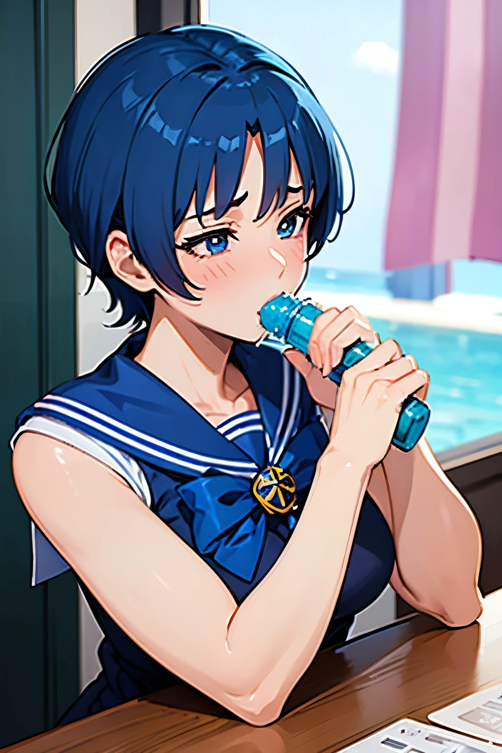Striped, undressed Sailor Mercury covered in translucent slime and sweat, eating wiener
