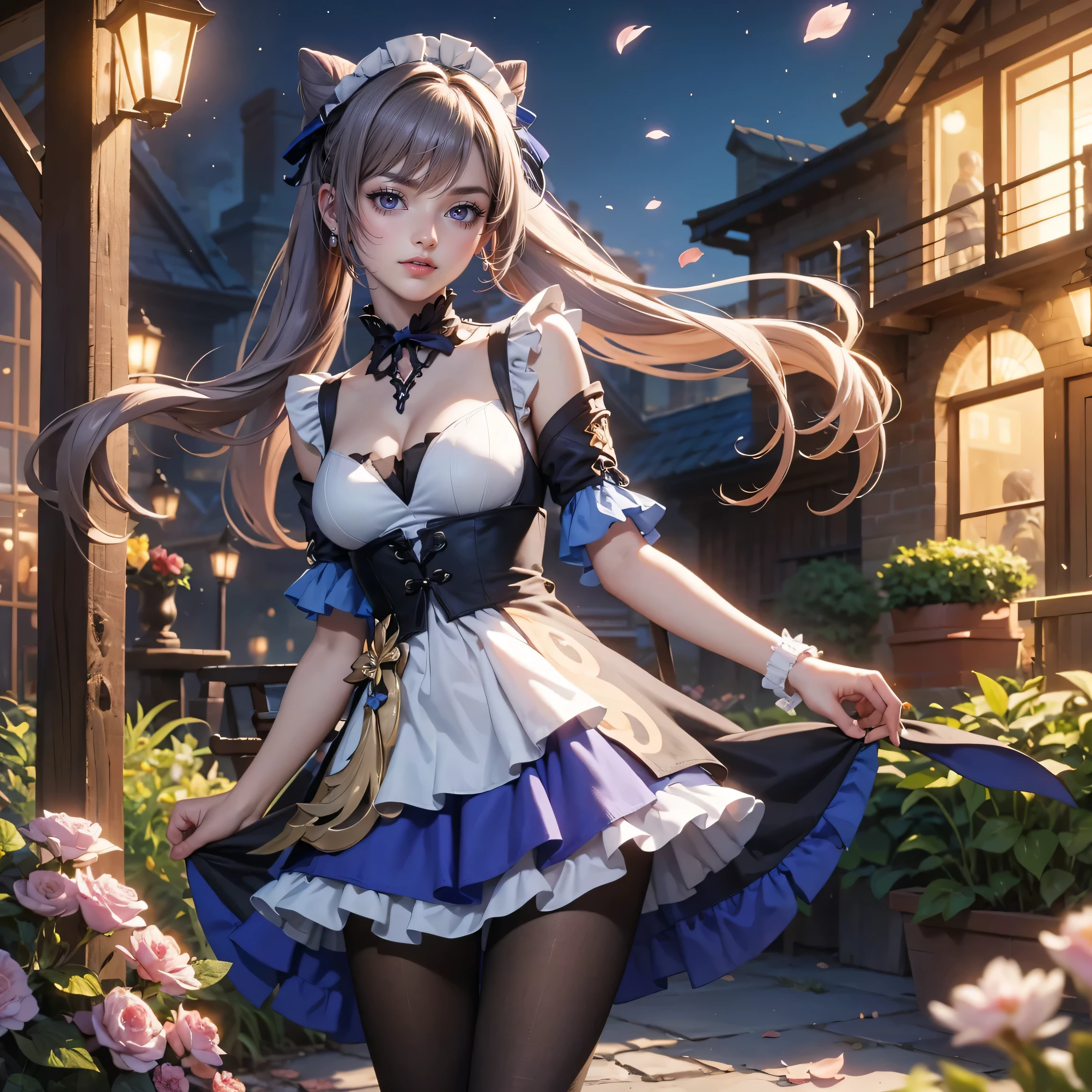 One Girl、(20-year-old woman)、Cat ears headband、Cat tail、Black maid outfit、Holding a tray with two parfaits on it in one hand、With the other hand, lift your skirt to show your underwear、Short skirt、I can see your pants、White knee-high socks、Striped pants、Highest quality、8K、Beautiful Face、Mischievous smile、Wink to the viewer、View Viewer、A bright cafe with a black cat