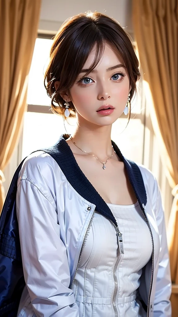  best quality, ((realistic:1.2)),(  Masterpiece :1.2), Illustration,  absurd, ( 1 girl, Alone), ( beautiful detailed girl ), (( upper body,  portrait)),, Neck McMillan,  short hair,  orange hair,  blue eyes,  big chest , blue crystal earrings,  ((white jacket:1.4)), , nice,  calm ,  look at the viewers,, Inside an elegant bedroom,   knight ,  Window , curtain,  starry sky , lamp, Bookshelf,   knight stand, vase, machine,