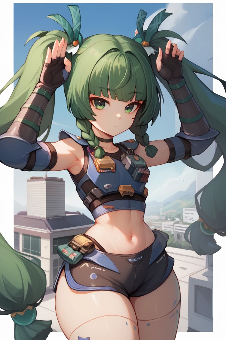 qingyi, green eyes, green hair, very long hair, twintails, blunt bangs, hair bobbles, side braids, hair ornament, robot joints, wide hips, big ass, thick thighs, fingerless gloves, black shorts, navel, choker, crop top, knee pads, elbow gloves, black sneakers, gauntlets, expressionless, highlight thighs, looking at the viewer, out of frame, border, blue sky, building, cat pose, :3