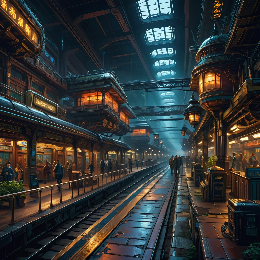 Busy Train Station，cyberpunk, （（A masterpiece with fantastic elements）））， （（ best quality ））， （（ Intricate Details ））