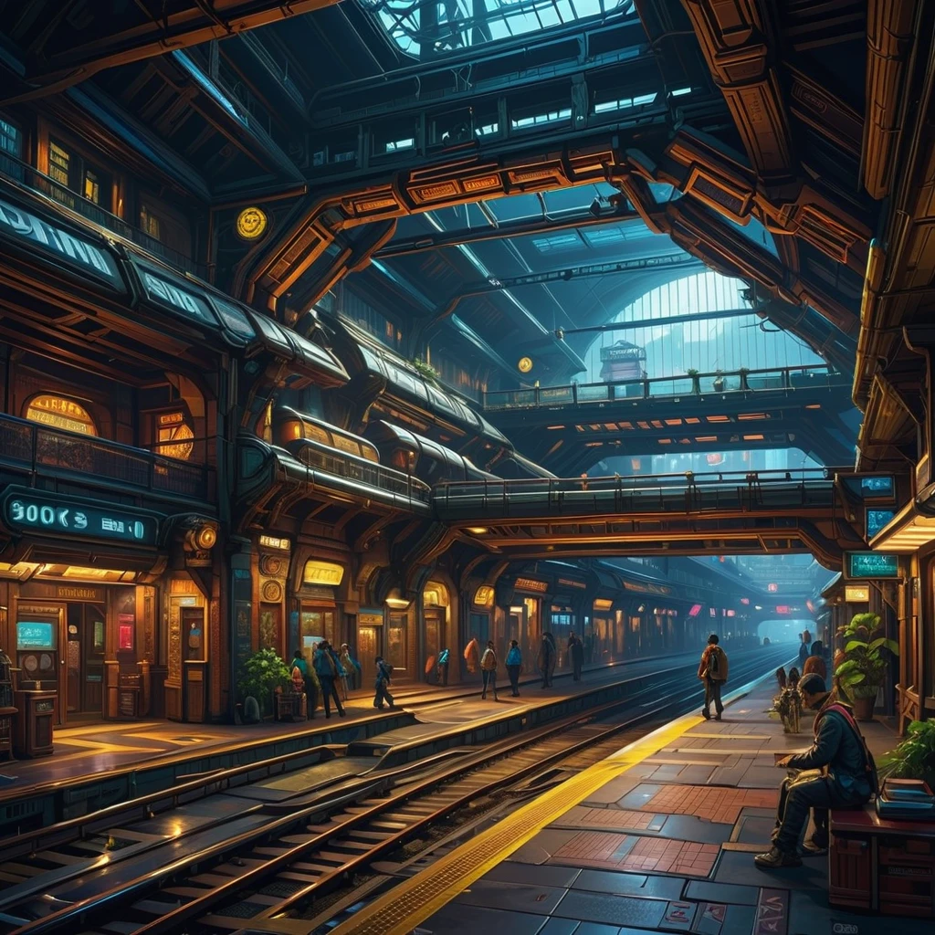 Busy Train Station，cyberpunk, （（A masterpiece with fantastic elements）））， （（ best quality ））， （（ Intricate Details ））