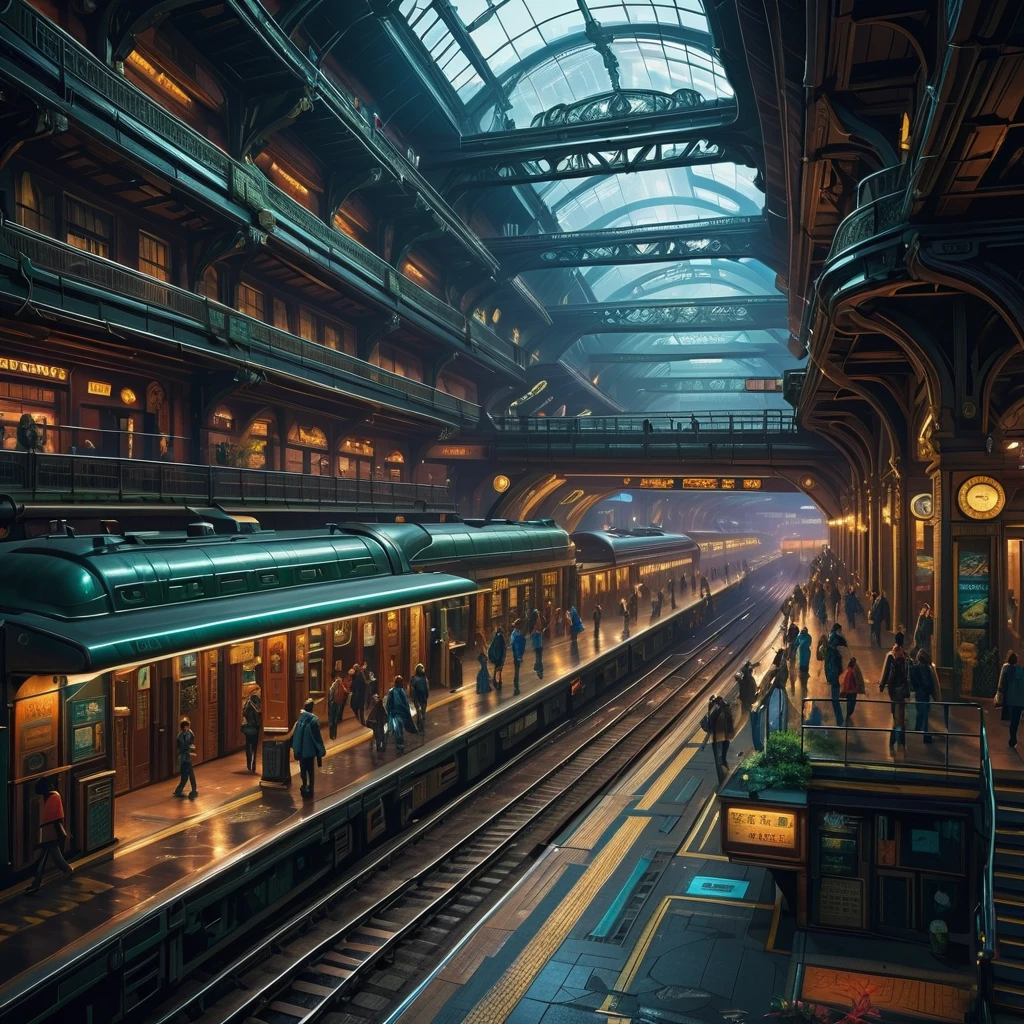 Busy Train Station，cyberpunk, （（A masterpiece with fantastic elements）））， （（ best quality ））， （（ Intricate Details ））