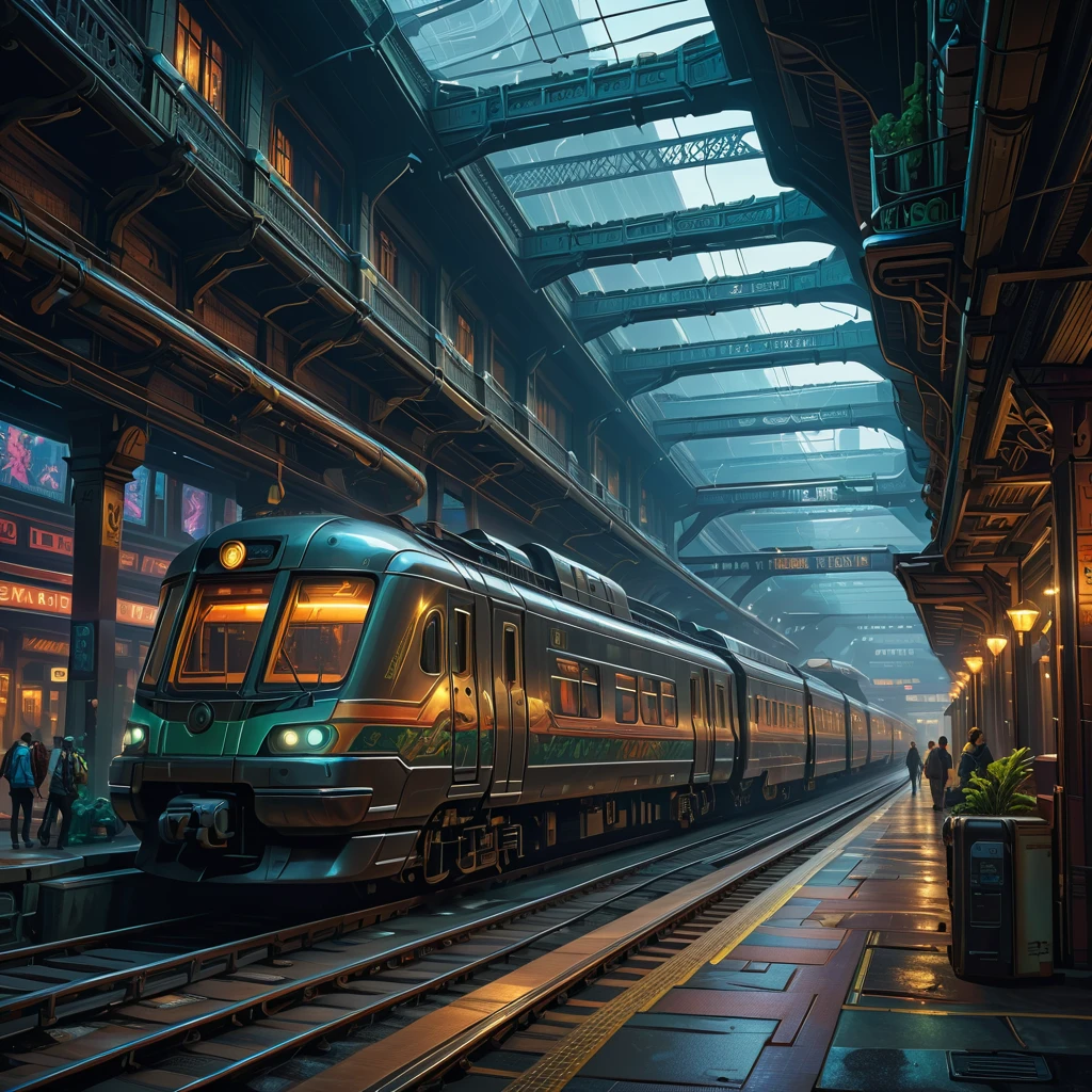 Busy Train Station，cyberpunk, （（A masterpiece with fantastic elements）））， （（ best quality ））， （（ Intricate Details ））