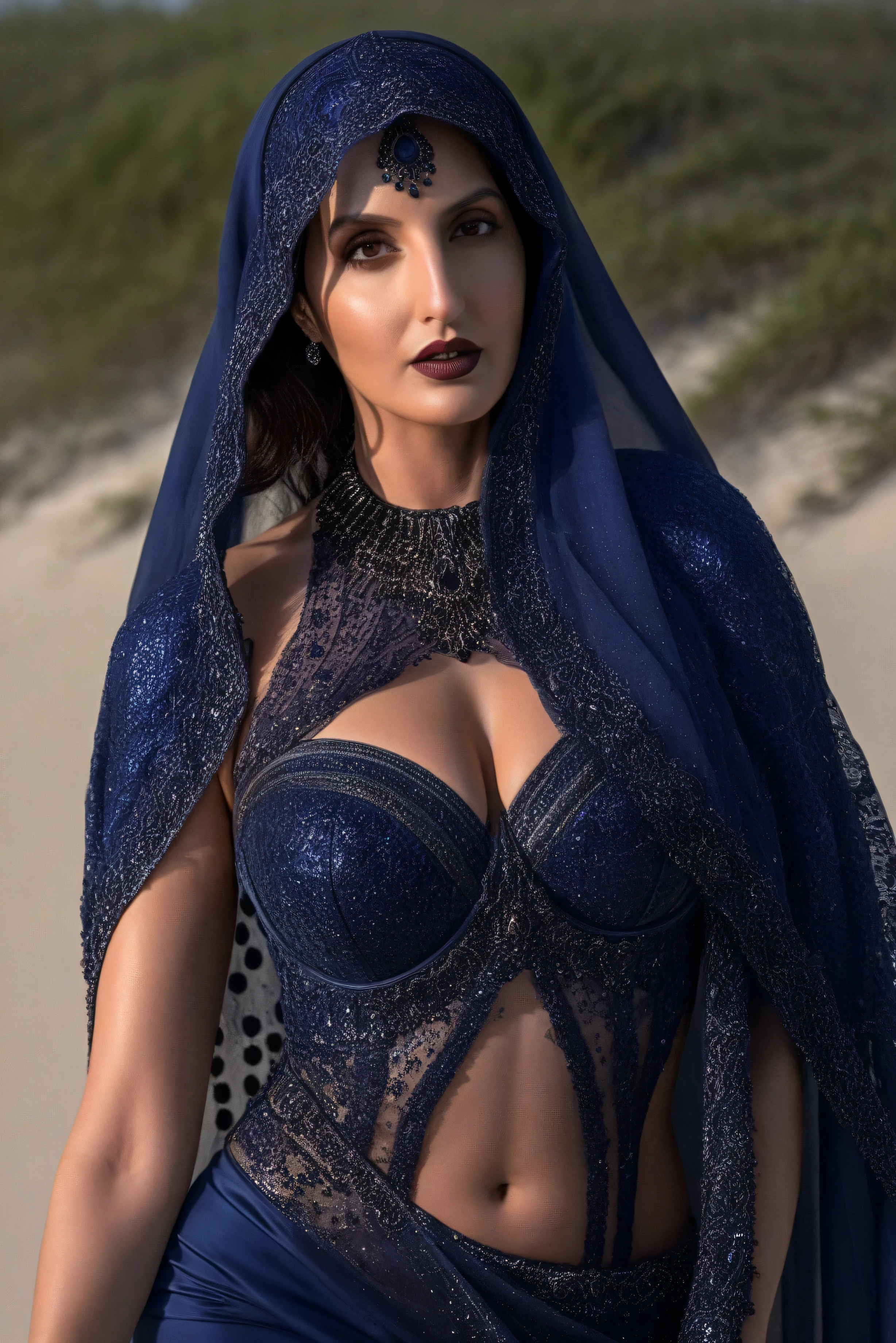 looks like, nora fatehi, milf, cougar lady witch, horny Gothic milf, 50 years old gorgeous mature lady, pervert demoness, demoness of lust, curvy, black lips, horny face, extremely gorgeous, thick figure, heavy physique, voluptuous, curvy, sexy figure, Fashionable portrait of androgynous alien looking witch wearing veil, glowing eyes, futuristic design, minimal details, givenchy, photoreal, 200mm, hd, f/ 2.0, highly detailed, surreal, sexy beautiful evil woman, sexy bold sequin Saree with strapless Bra, chudail, Pishachini, horror genre, blood-thirsty enchantress, powerful female spirit, eerie, drop dead, in the style of red and blue, (intricate details, hyperdetailed:1.15) (skin texture:1.2), dark Moody tone, cinematic lighting, beach background
