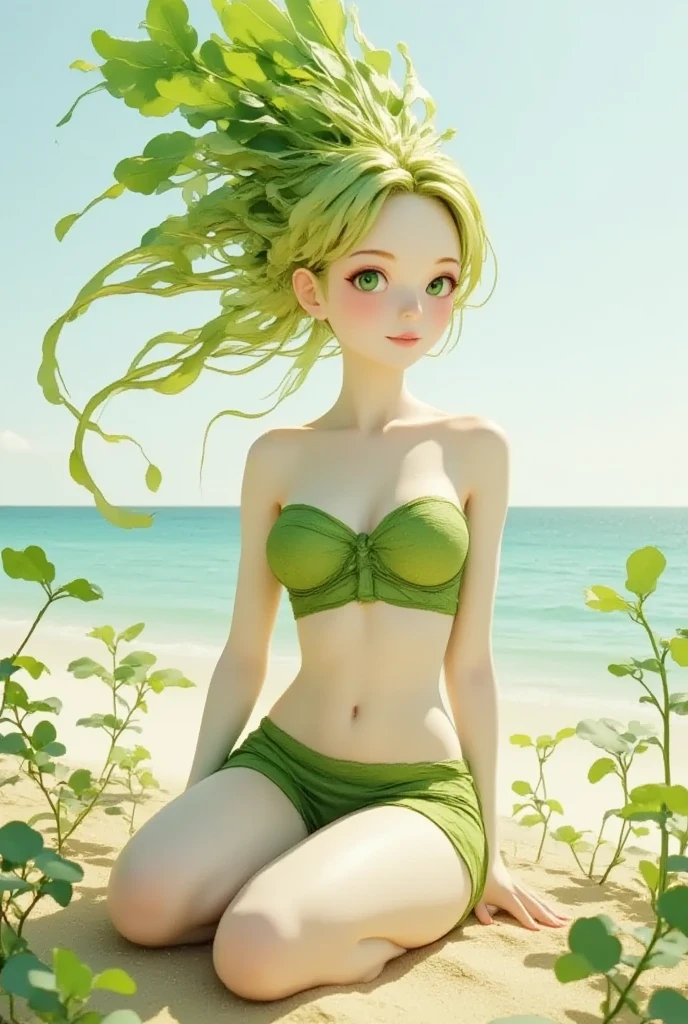 Super realistic illustration, Cinema 4D rendering, perfection style, 1 daikon lady, solo, detail face, detail eyes, beautiful eyes, sitting on a sandy beach, smile, green leaves long hair, green eyes, beautiful eyes, pointy ears, shiny white skin, breasts, Cleavage, green tube top, navel, mini skirt, bare foot, blue ocean beach on sunny day