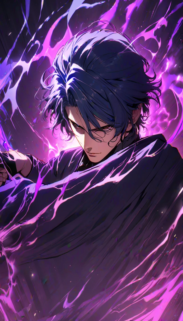 (  masterpiece ,  best quality:1.2),1 boy,Alone,(Sosuke Aizen),close up,badass pose, bleach , powerful aura, Purple aura,8k,64k, HD, unparalleled   masterpiece ,  dynamic lighting , cinematic, epic