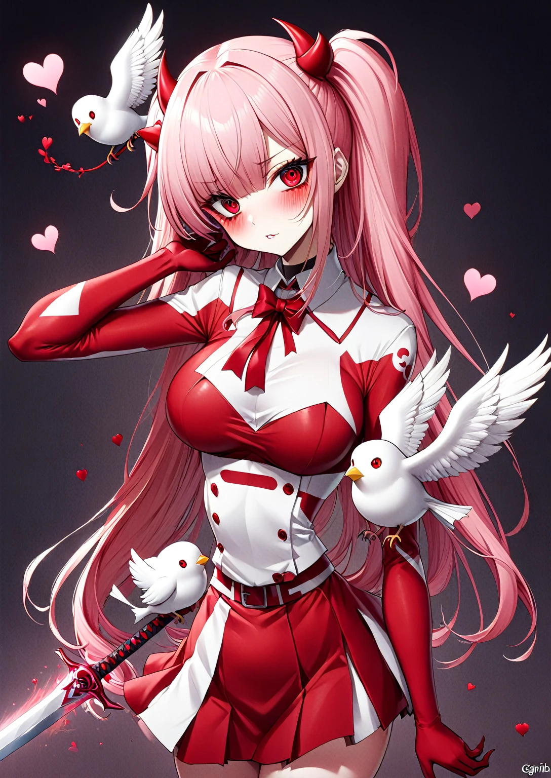   anime girl  in red and white outfit holding a sword and a bird, gapmoe  yandere, seductive   anime girl , (  anime girl ), change, Zero-chan art, Zero Two, gapmoe  yandere grimdark, 2b ...,  yandere, 2b, demon   anime girl , Zero-chan,  Enoshima Junko,  Anime Monster Girl ,  pixib