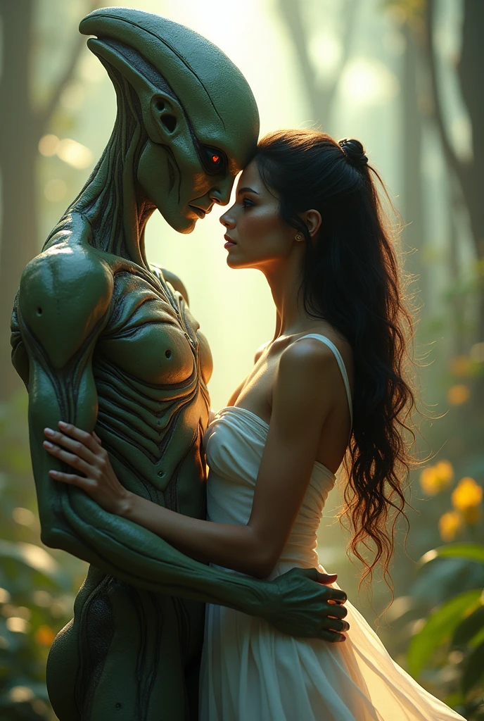 close-up, full length,absolutely naked 17 years europian girl kisses the alien male humanoid  from another planet , flirt,sexy, ultra high quality detailing