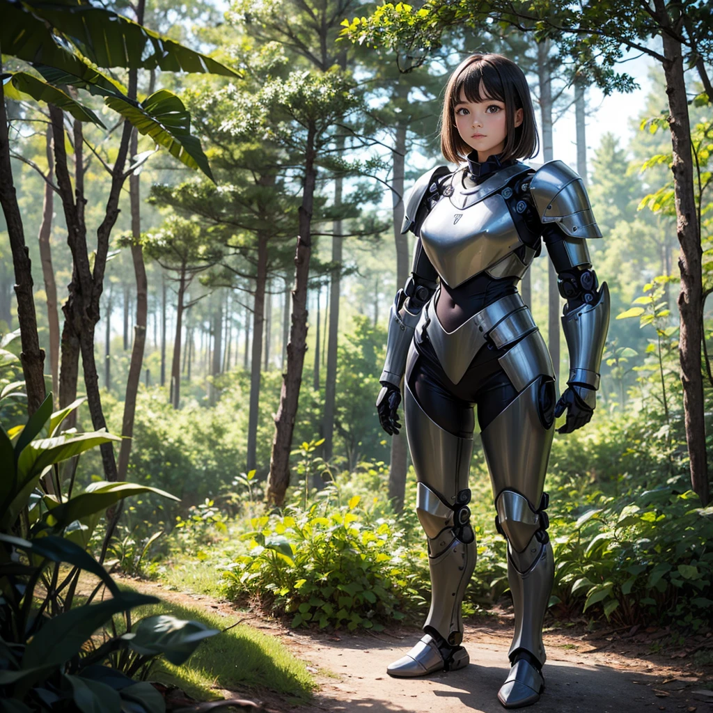 Young teen girl wearing robot armor standing in the middle of forest