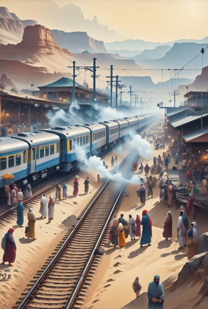  bustling train station、desert、 platform 、  detailed background、railway、Wire、Sand smoke 、 lots of people、， （（ best quality ））， （（ Intricate Details ））