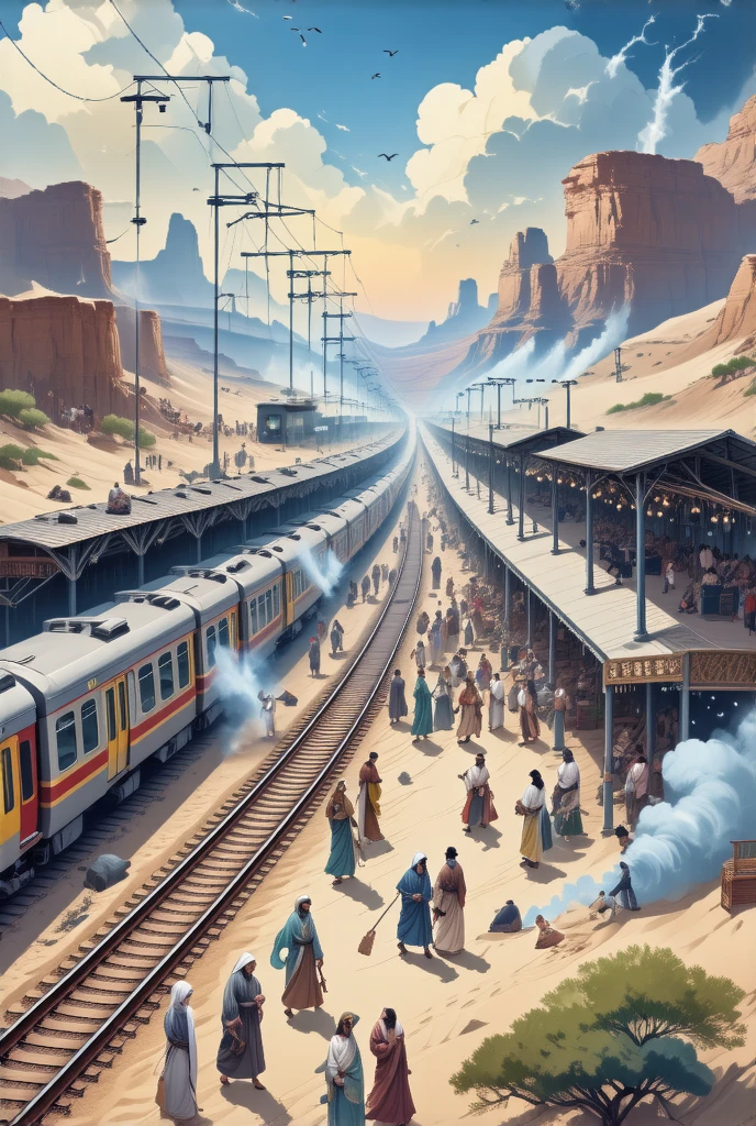  bustling train station、desert、 platform 、  detailed background、railway、Wire、Sand smoke 、 lots of people、， （（ best quality ））， （（ Intricate Details ））