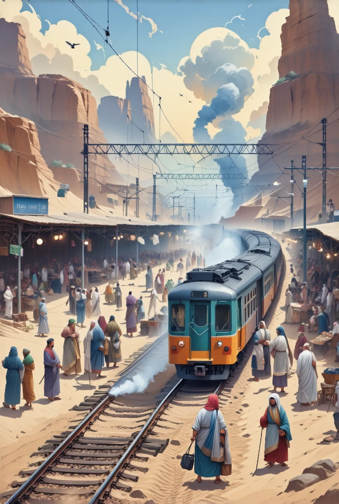  bustling train station、desert、 platform 、  detailed background、railway、Wire、Sand smoke 、 lots of people、， （（ best quality ））， （（ Intricate Details ））