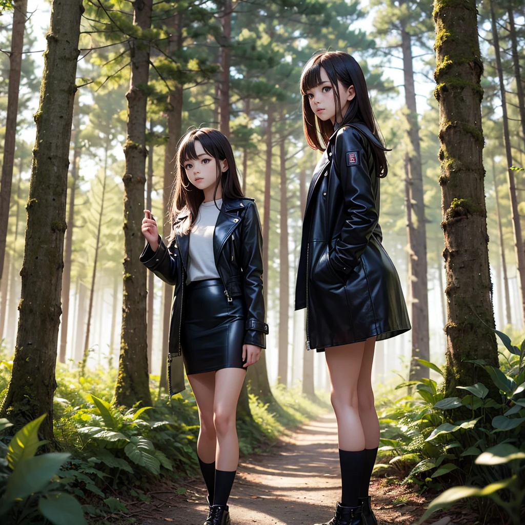 A teenage girl, wearing a leather coat, that sleeve, a short leatherette skirt, stands in the middle of the forest.