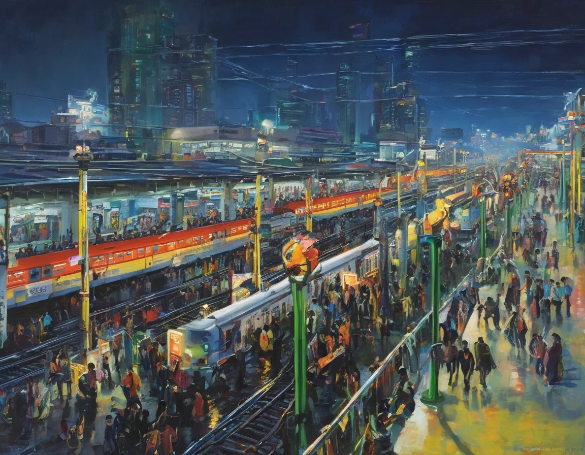 ((oil)), A bustling station, evening, people々Comes and goes,  station platform, Many passengers, neon, Railway, Vibrancy,  urban atmosphere 