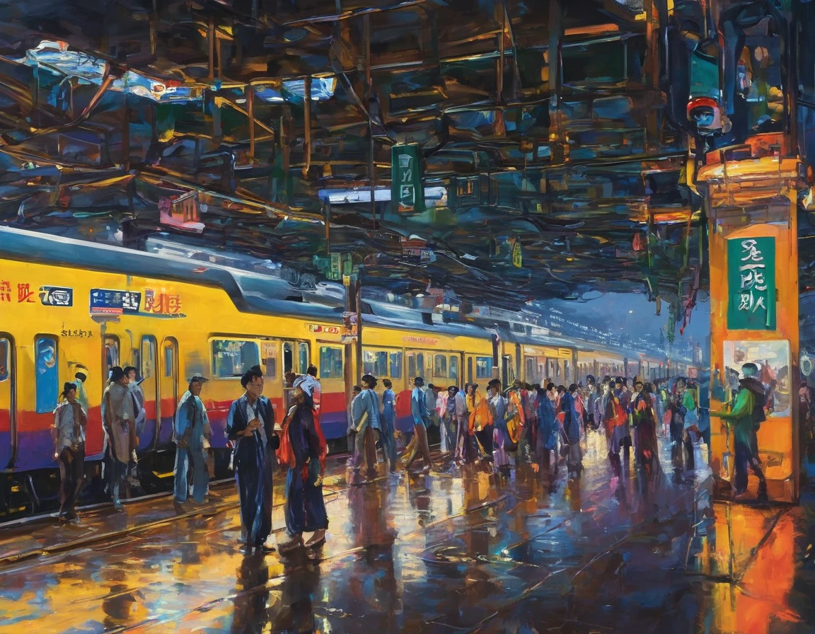 ((oil)), A bustling station, evening, people々Comes and goes,  station platform, Many passengers, neon, Railway, Vibrancy,  urban atmosphere 