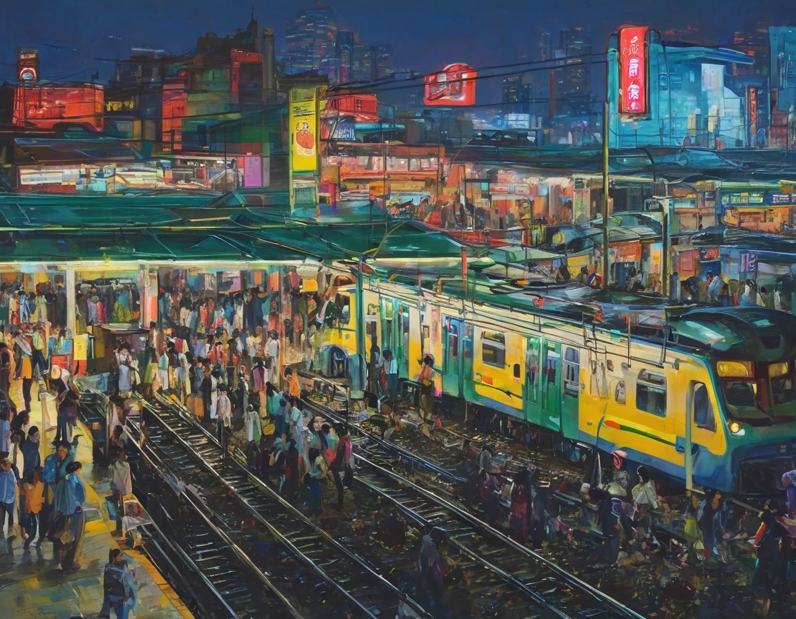 ((oil)), A bustling station, evening, people々Comes and goes,  station platform, Many passengers, neon, Railway, Vibrancy,  urban atmosphere 