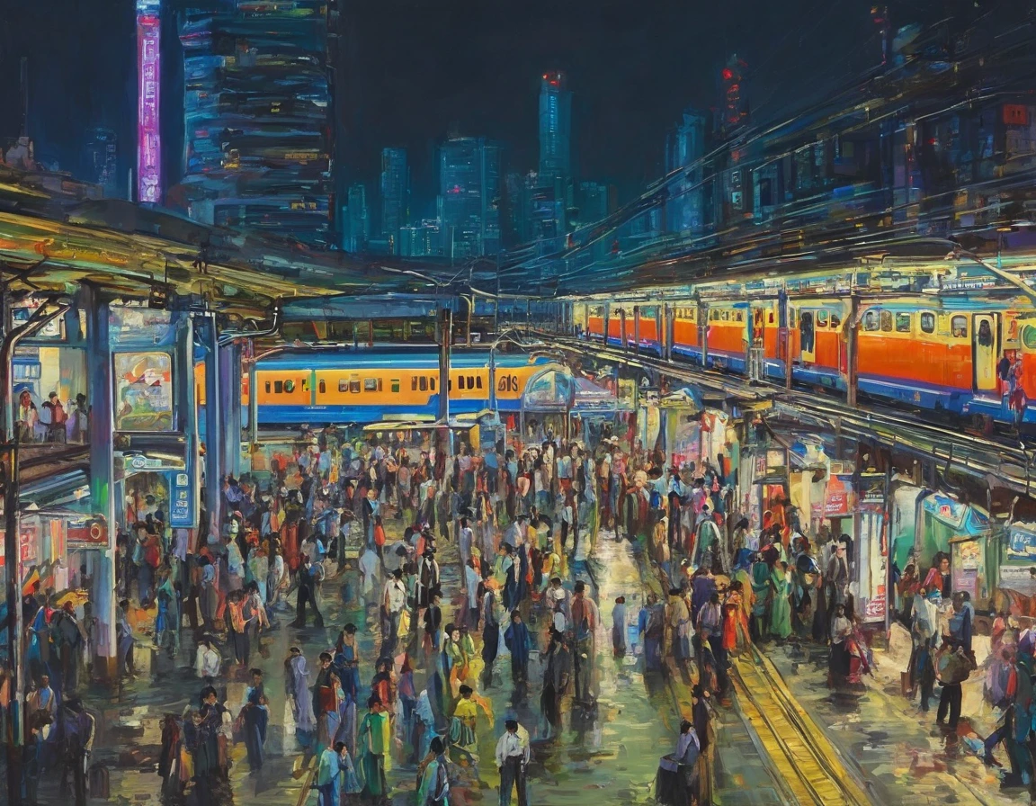 ((oil)), A bustling station, evening, people々Comes and goes,  station platform, Many passengers, neon, Railway, Vibrancy,  urban atmosphere 