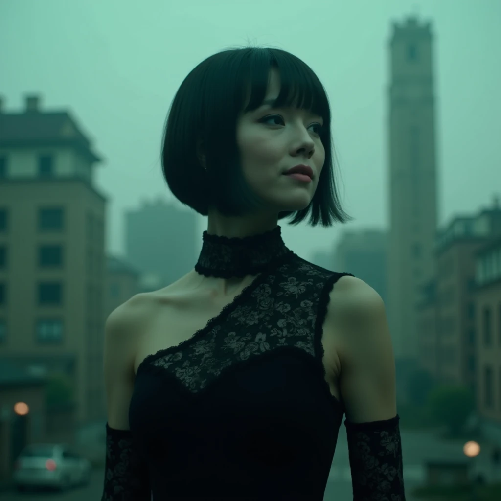 1 girl, (avant-garde fashion model:1.3), (short black hair:1.2), (bare face with porcelain skin), (lace dress:1.3), asymmetric design, high collar, geometric patterns, cinematic background of a decaying urban skyline, ruins softened by fog and diffused neon lighting, dynamic over-the-shoulder angle emphasizing silhouette and textures, contemplative and serene expression, minimalist earrings, subtle lace gloves, soft spotlight focused on model, (gothic tones:1.2), masterpiece, best quality, highres, absurdres, 8k UHD, cinematic lighting, moody shadows, elegant contrast, intricate fabric textures, glowing accents on edges of clothing, lens flare from background neon, muted monochrome palette with green-grey tones, ambient atmospheric fog