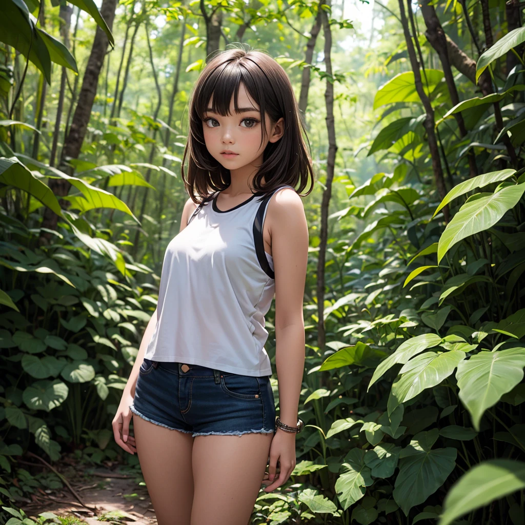 A  girl, wearing that sleeveless wild man's shirt, jungle shorts, stands in the middle of the forest.
