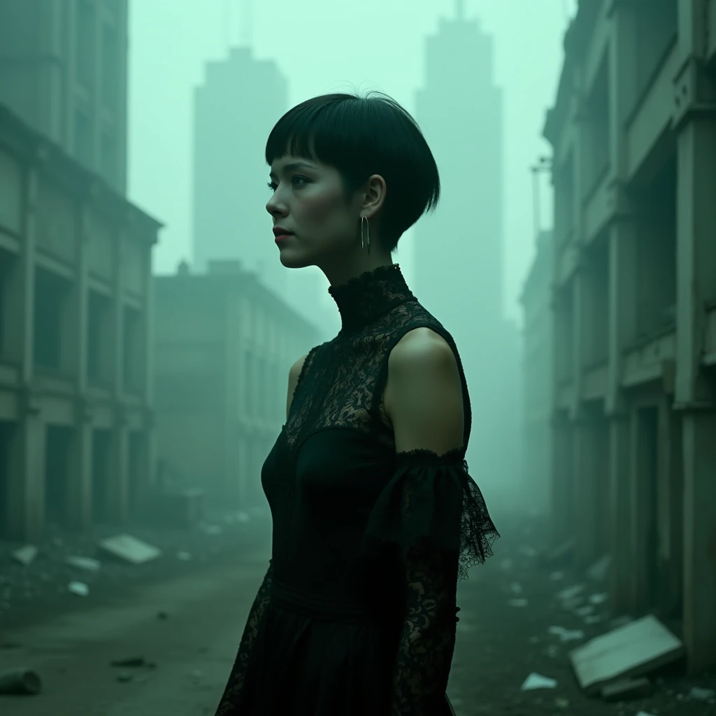 1 girl, (avant-garde fashion model:1.3), (short black hair:1.2), (bare face with porcelain skin), (lace dress:1.3), asymmetric design, high collar, geometric patterns, cinematic background of a decaying urban skyline, ruins softened by fog and diffused neon lighting, dynamic over-the-shoulder angle emphasizing silhouette and textures, contemplative and serene expression, minimalist earrings, subtle lace gloves, soft spotlight focused on model, (gothic tones:1.2), masterpiece, best quality, highres, absurdres, 8k UHD, cinematic lighting, moody shadows, elegant contrast, intricate fabric textures, glowing accents on edges of clothing, lens flare from background neon, muted monochrome palette with green-grey tones, ambient atmospheric fog