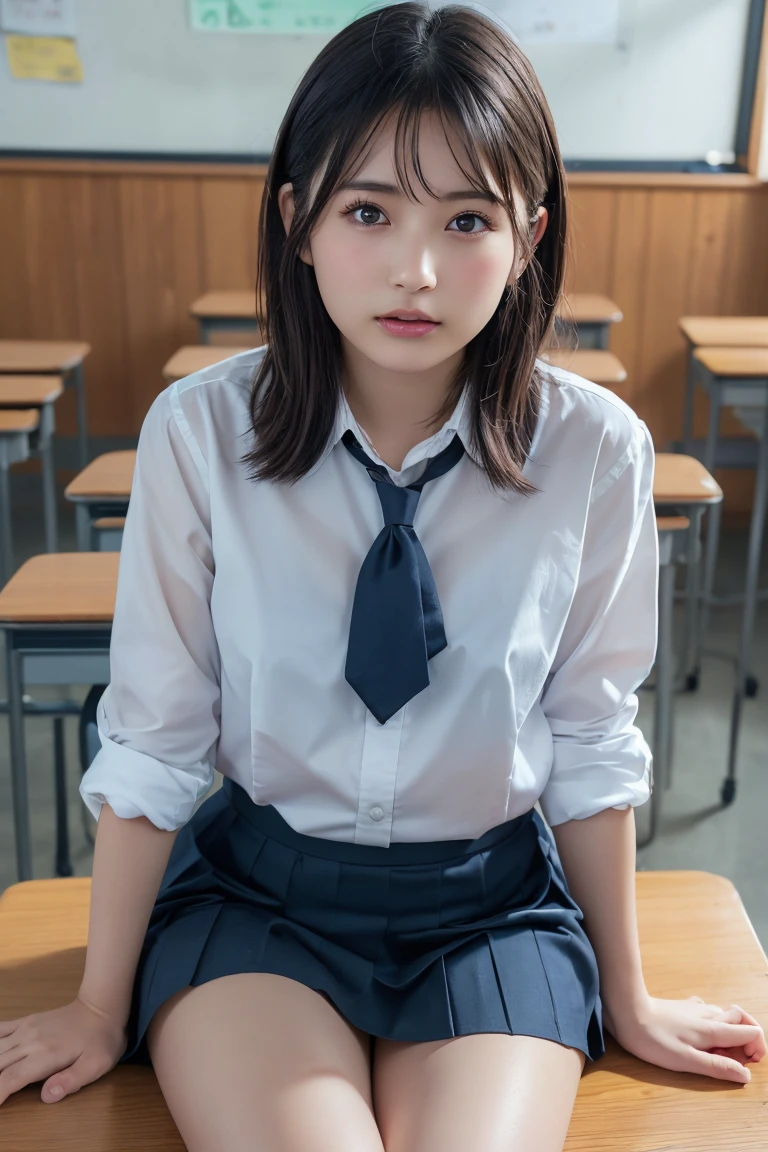 8k, highest quality, real image, intricate details, Super detailed, ultra high resolution, depth field,(realistic), (realistic:1.2), (full body:1.3), (crying face:1.2), (tears:1.3), (tearful:1.3), (lamentation:1.2), (closed eyes), sitting on a chair, 1 Japanese girl, (small eyes:1.3), very beautiful 17 year old girl, (beautiful breasts:1.5, highly detailed eyes:1.2), (beautiful breasts:1.1), (small breasts:1.2), (wavy hair)、(curly hair)、bangs, perfect skin, Fair skin,( huge hips:1.1), (thick thighs:1.1), (thick legs:1.1), tight waist, small face, alone, (knees together), (hands between her legs), looking at the viewer, (School_uniform),(dark blue blazer), (white shirt、wear a tie), (gray pleated skirt), (sculpture installation :1.1), break classroom
