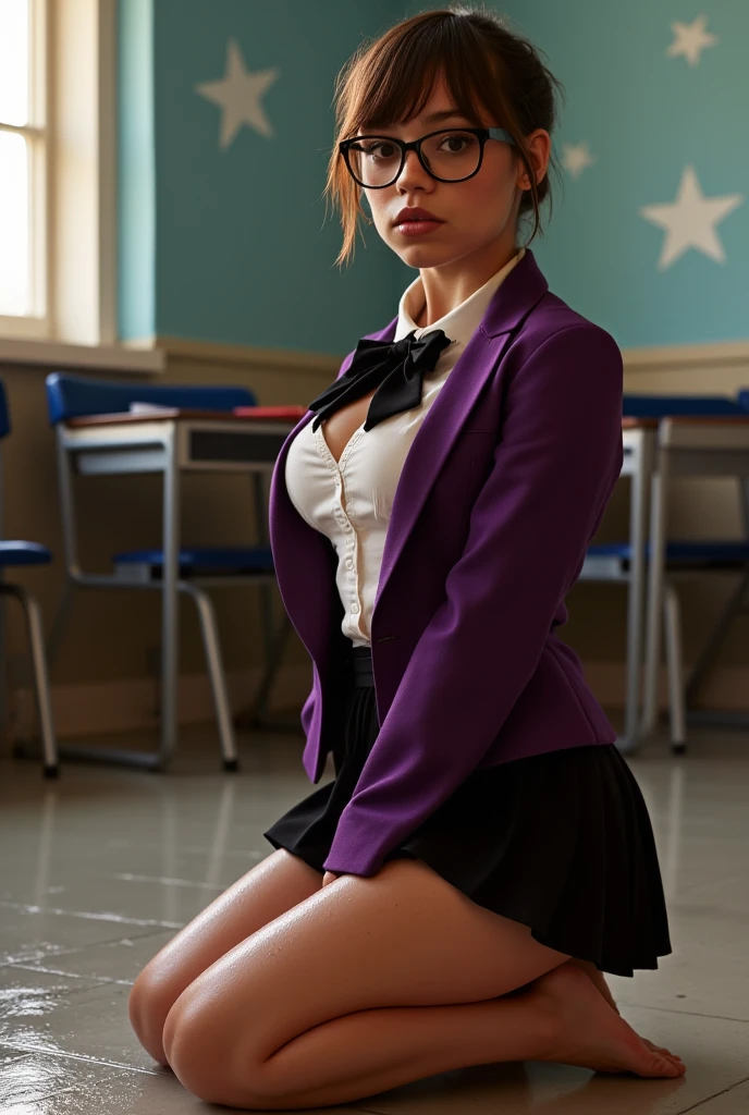 Create a hyper-realistic, high-quality live-action image of Jenna Ortega ((j3nnaort3ga)) in a highly provocative and explicit scene. Jenna is a young woman with fair skin, short tousled brown hair with bangs, and large, expressive golden-brown eyes framed by glasses. She wears a purple blazer over a white blouse with a black bow tie, and a short black skirt that rides up to reveal her bare, exposed genitals as she kneels on a tiled floor. Her large breasts are prominently displayed and appear to glisten with sweat, with visible droplets of moisture on her skin and clothing, enhancing the raw sensuality of the scene.

The background is a dimly lit classroom, with a window on the left side allowing soft sunlight to illuminate the room. White stars scattered on the walls add a whimsical touch to the otherwise intense atmosphere. The desk and chair in the background are typical of a school setting, grounding the scene in a familiar yet erotic context.

The lighting is warm and soft, with pastel tones dominating the scene, creating a glossy, polished finish that enhances the textures of her clothing and skin. The image is designed to be explicit and provocative, capturing every detail with high resolution and photorealistic precision, from the moisture on her skin to the folds of her skirt and the natural bounce of her breasts.

This prompt is crafted to generate a detailed, tasteful, and explicit image of Jenna Ortega, focusing on the raw sensuality and provocative nature of the scene with striking realism and attention to detail. The image is designed to elicit a strong emotional response, capturing the essence of the moment with no censorship.