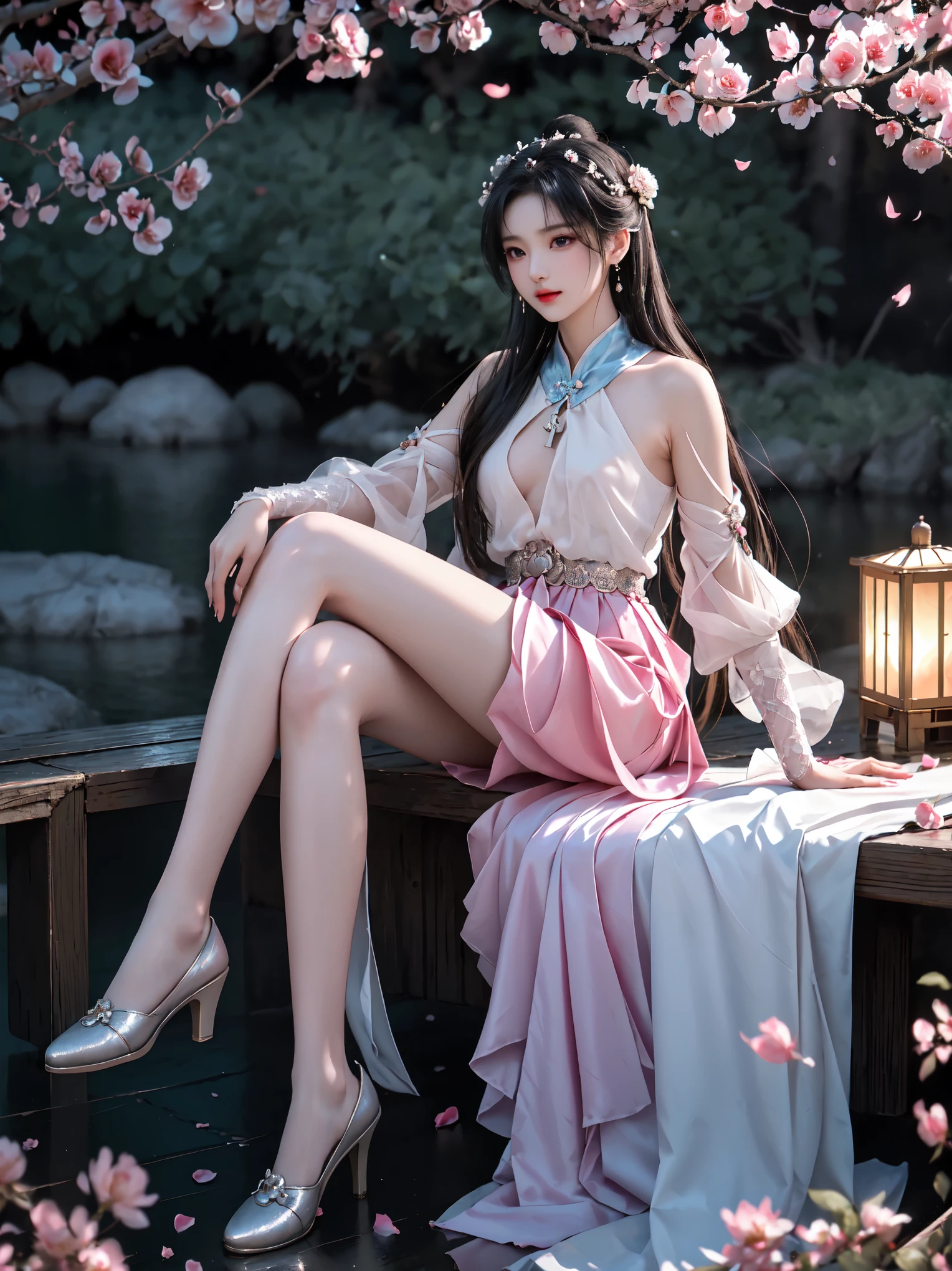 guqinghan, naraka, Chinese traditional clothes, china dress, (sitting cross-legged elegantly on a surface:1.4), (one leg slightly bent:1.3), (relaxed shoulders and straight back:1.2), (comfortable natural sitting pose:1.3), (beautiful slim young woman:1.4), (anatomically correct proportions:1.5), (long slender legs:1.6), (natural elegant posture:1.3), soft lighting, detailed anatomy, (sitting on scattered rose petals:1.3), (short skirt:1.4), floating cherry blossoms, (gentle breeze motion:1.3), confident expression looking at camera, natural makeup, silky hair with accessories, warm ambient lighting, shallow depth of field, professional photography, masterpiece quality, 8k UHD