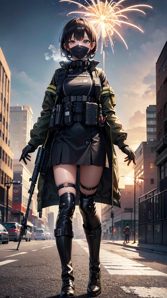 cyberpunk-style city with a nocturnal vibe with Matrix-like aesthetic references, glowing huge clock tower as time machine, green glowing cascading code. At night, (1girl, solo, alone), photorealistic, medium-breast slim:0.6 body, oval:0.5 face, cleavage:1.1, sexy black laced bra, miniskirt, white laced panty, coat, (black micro sunglasses), (holding a short gun), (slightly leaning forward running pose), ((half-body thigh level medium shot)), cinematic lighting, ray tracing, radial zoom blurred background.