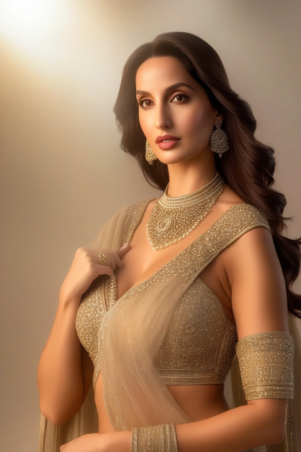 1 girl , looks like Nora Fatehi, 11th century, big breast, walking front on the viewer, full body standing , hot saree, indian queen, jewels, realistic eyes, nose, lips, realistic hands, realistic legs, abs, navel, big legs, tall women, big hips, gold, bold women, sexy queen costume, thick women , Indian touch, mature women, curvy, extreme gorgeous, Courage, surrounding full of people, boss lady, order, photorealism, 200mm, f/ 1.8, historical design costume, highly detailed, surreal, sexy, beautiful, powerful women, enchantress, hyper detailed, cinematic lighting, drama, Indian touch, golden hour, foreground, historical king hall, portrait photography, hyper realism, Nora Fatehi,