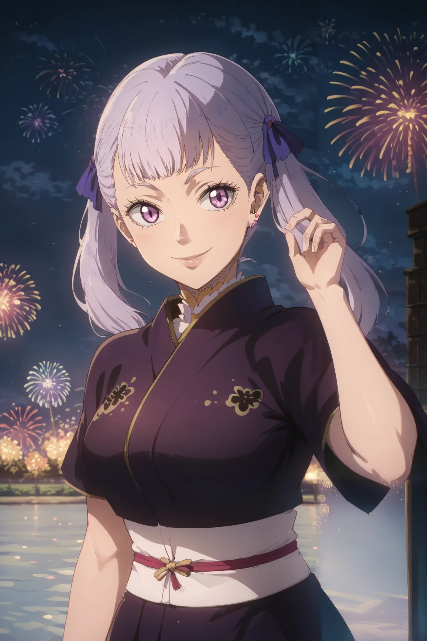 score_9, score_8_up, score_7_up, (black clover style, noelle silva), (1girl, solo), upper body, (twin tails, hair ribbon), kimono, (happy smile, looking at viewer), (night sky, fireworks)