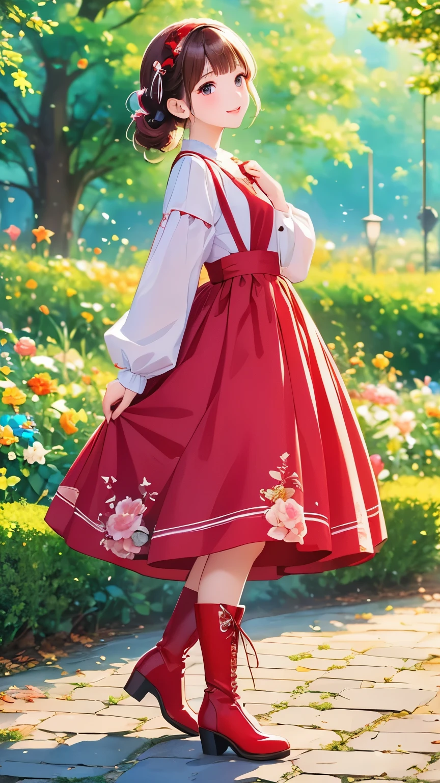   ( best quality , masterpiece, High image quality,  high definition , 8k), Anime Style,  cute女の子, とてもcute天使,  pink gothic dress , cute, baby face, smile,  long skirt,  Red Boots , cute headband,  detailed illustration art including background , 
