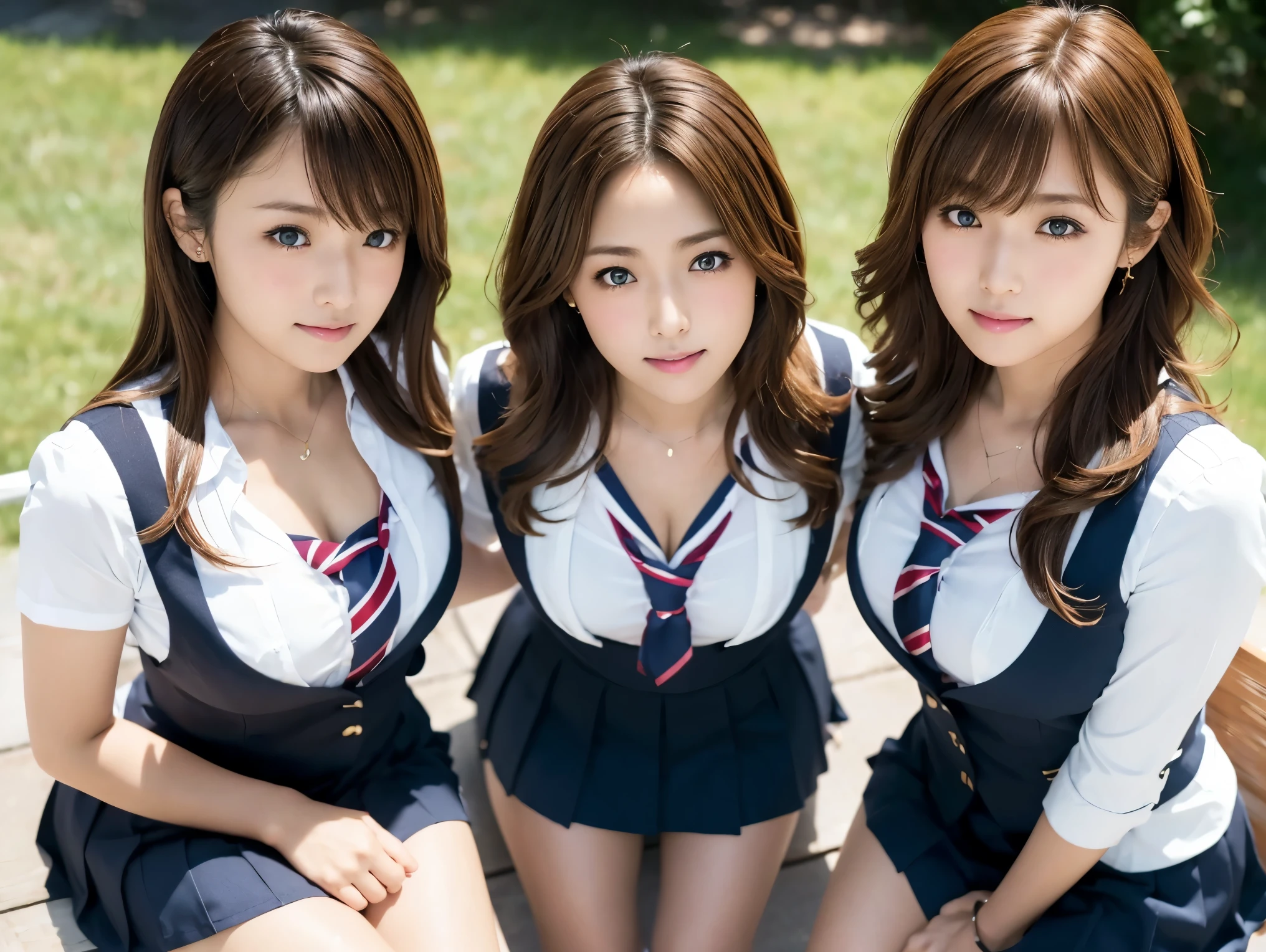  cleavage,(3 Mature Women),(( Japanese High  Student )),( Table Top :1.3,  photorealistic:1.4, 8k), best quality, Masterpiece, super high resolution,Perfect dynamic composition, Big Face,Round face,(( light brown hair :1.8, curly hair :1.25))、 highly detailed skin and face textures :1.3, Limb details,Cute and sexy school girl, (Beautiful tanned skin :1.4),  tilting your head , (( She will totally enchant you :0.9)), (( school uniform)), medium chest dripping with love juice, (Distant eyes,  beautiful eyes ,  blue eyes、 Eyes that feel beautiful eros :0.85),  Sexy Face:0.4, ( closed mouth 、Small Mouth、 Thick lips、 beautiful taste of eroticism:0.85), (( Too Cute Beauty :0.9)), gal makeup,((  full body shot )), taken from above, kind smile