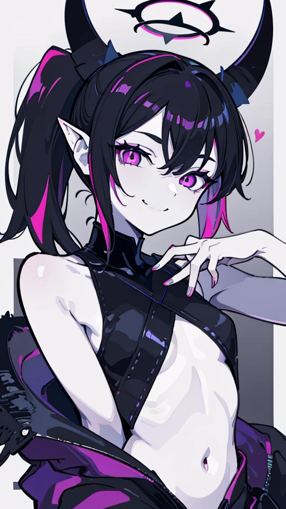 single female half dragon with grey skin, with black hair long twin tails style, with pink streaks, sharp teeth, black biker outfit, dragon tail and dragon horns