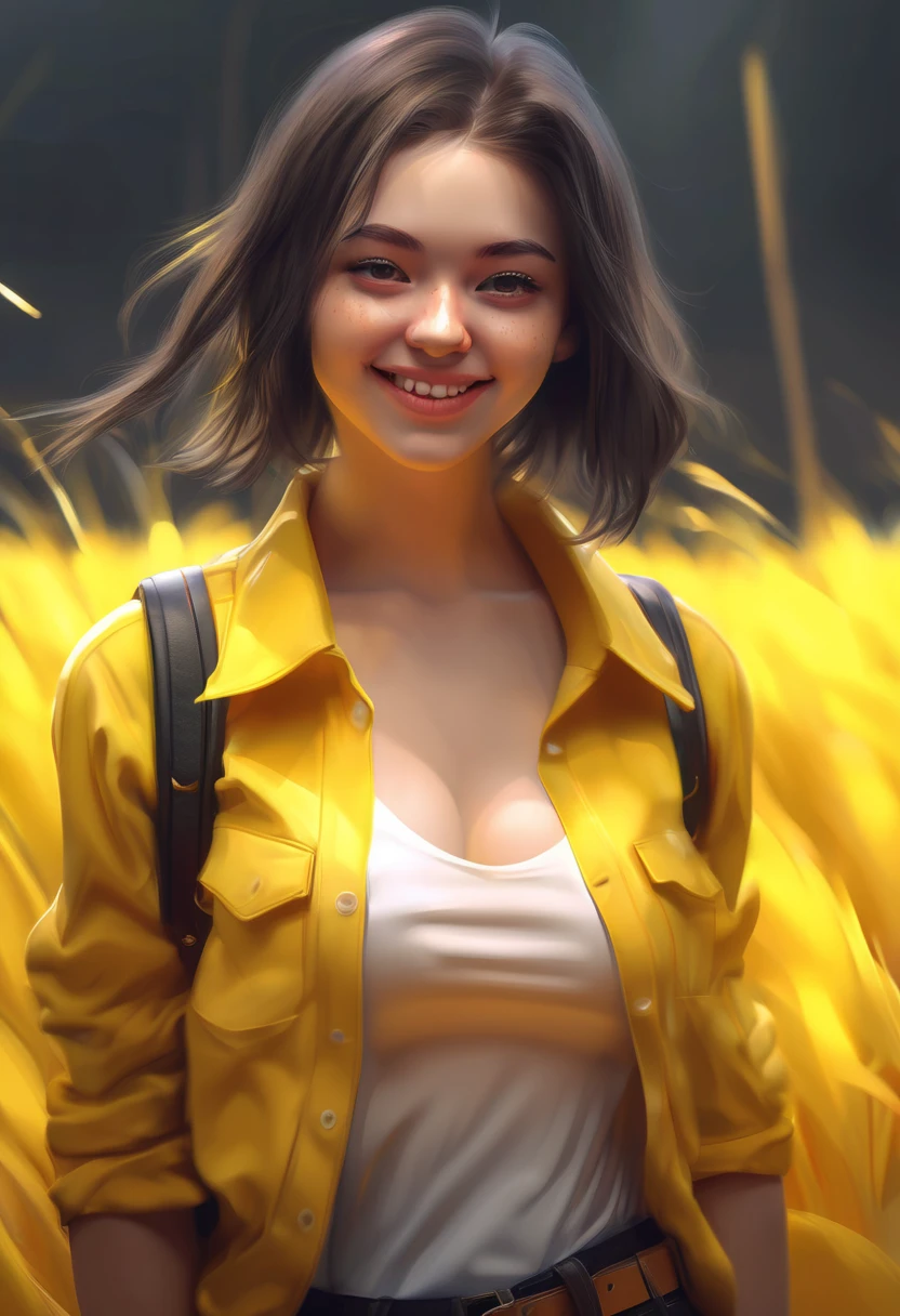 smiling girl fotorealizm błyszcząca skóra , czarne krótkie poszatpane włosy seductive look,there is a digital painting a yellow and white field, 4k highly detailed digital art, 4k detailed digital art, detailed fantasy digital art, digital art 4k unsettling, surrealistic digital artwork, beautiful digital artwork, 3d digital art 4k, intricate digital painting, epic surrealism 8k oil painting, mind-bending digital art,masterpiece, best quality, (extremely detailed CG unity 8k wallpaper), (best quality), (best illustration), (best shadow), absurdres, realistic lighting, (Abyss), beautiful detailed glow, art by PeterMohrBacher,rafed image of a woman a yellow shirt, realistic anime 3 d style, cute detailed digital art, anime styled 3d, 3 d character art, adorable digital painting, cartoon art style, fotorealistic style 4 k, cute digital art, anime style. 8k, fanart, beautiful digital artwork, for hire 3d artist, lazurowe niebo