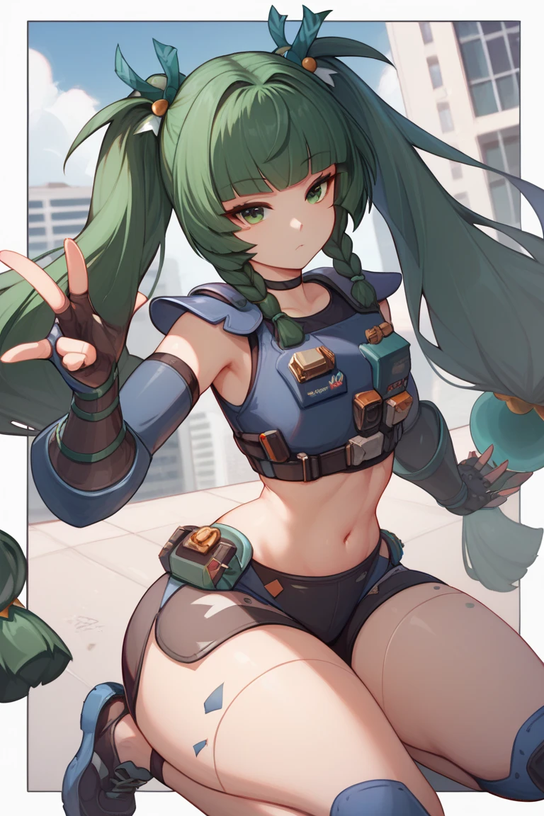 qingyi, green eyes, green hair, very long hair, twintails, blunt bangs, hair bobbles, side braids, hair ornament, robot joints, wide hips, big ass, thick thighs, fingerless gloves, black shorts, navel, choker, crop top, knee pads, elbow gloves, black sneakers, gauntlets, expressionless, out of frame, border, blue sky, building, perfect body, curvy female, kneeling, provocative look